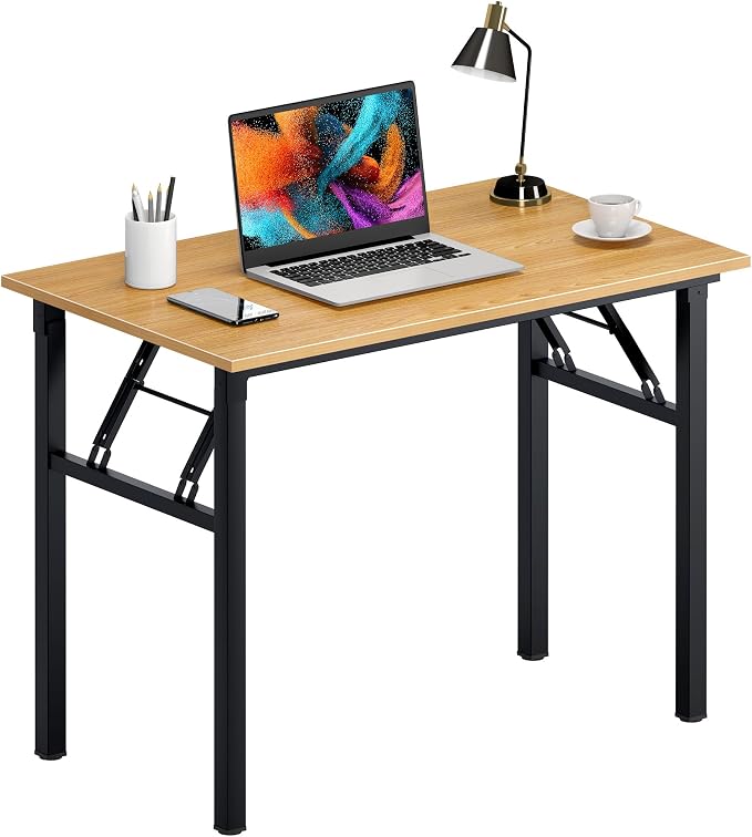 Need Office Computer Desk 39.3 Inch Sturdy Folding Laptop Table Teak | Black Frame Writing Gaming Work Table/Foldable Home Office Desk/Sewing Table, No Assembly Required