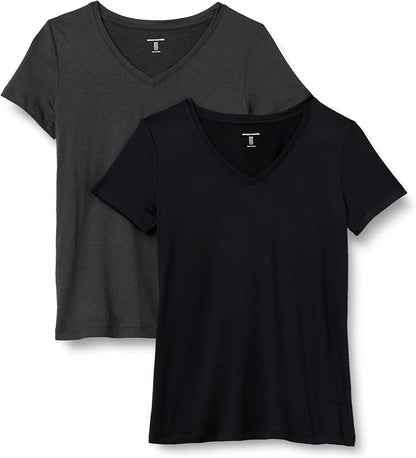 Amazon Essentials Women's Active Quick Dry Tech Stretch Short-Sleeve V-Neck T-Shirt (Available in Plus Size), Pack of 2