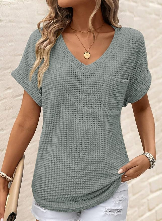 Dokotoo Womens Waffle Knit Tops 2026 Spring Summer V Neck Shirts Casual Trendy Women's Blouses Basic Tee