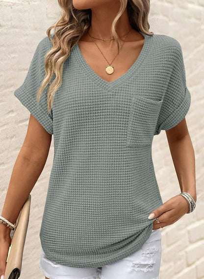 Dokotoo Womens Waffle Knit Tops 2026 Spring Summer V Neck Shirts Casual Trendy Women's Blouses Basic Tee