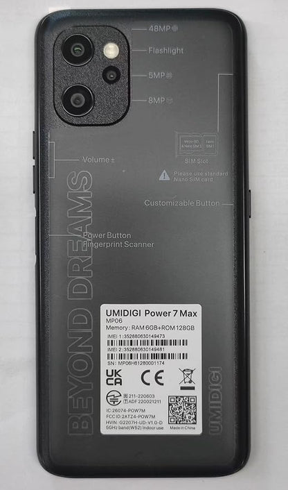 UMIDIGI Power 7 MAX Unlocked Cell Phone,6GB+128GB 10000mAh Battery,6.7" Full Screen + 48MP AI Triple Camera Android Smartphone,NFC,GPS,Face & Fingerprint,BLE 5.0, WiFi 2.4GHz/5GHz,Warranty,Black