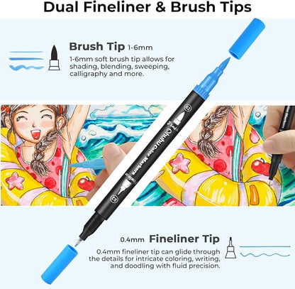 Ohuhu Markers for Adult Coloring Books: 120 Colors Brush Pens Dual Brush Fine Tip Drawing Pens Water-Based Coloring Markers for Calligraphy Bullet Journal with Carrying Case - Maui - Black