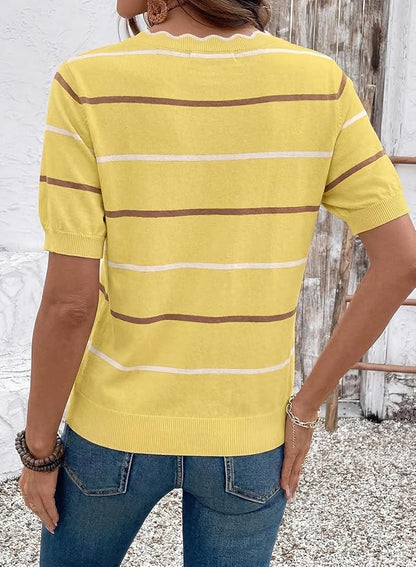 Dokotoo Womens Summer Short Sleeve Knit Tops 2026 Spring Trendy Casual V Neck Striped Sweater Blouses