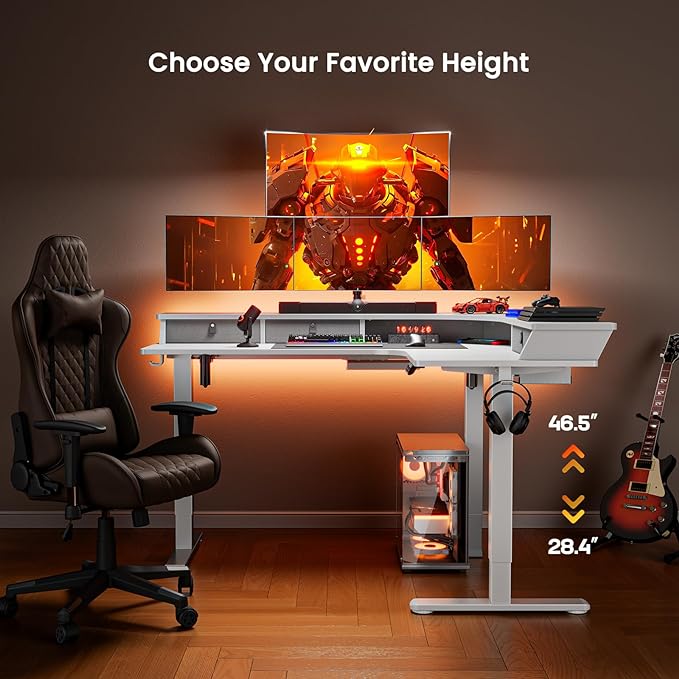 ErGear 65'' L Shaped Standing Desk for Gaming, [3 Drawers & 2 Cable Management Trays] Corner Stand up Desk [Compatible w/C-Clamp Mount] Height Adjustable for Home Office, White