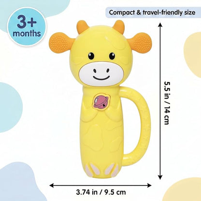 MooMoo Baby Musical Toy, 4‑in‑1 Light‑Up Sensory Toy & Teether for 3–24 Month Babies, BPA‑Free with Easy‑Grip Handle, Cute Cow‑Shaped Travel Toy for Car Seat & Stroller (Yellow)