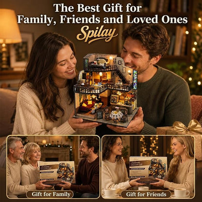 Spilay DIY Miniature House Kit for Adults, Miniature Dollhouse Building Kit | With Warm Light, Music Box & Dustproof Cover, Creative DIY Craft for Bookshelf Decor, Room Decoration & Gift Giving