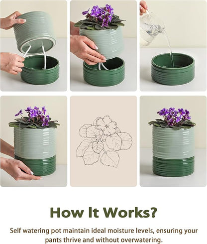 Self Watering Pots for Indoor Plants, 6 Inch Ceramic Self Watering Plant Pot, Planter Pot with Wick Rope and Drainage Hole for African Violet Succulent Herbs (Green Light)