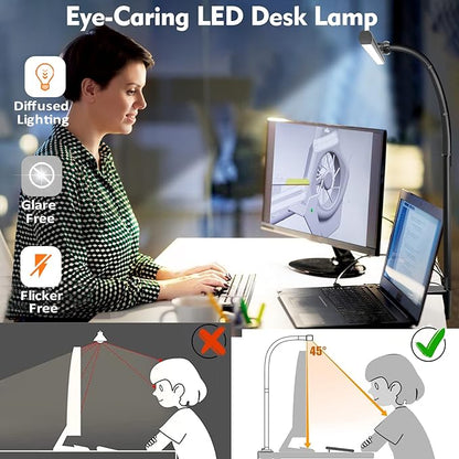 Led Eye-Caring Desk Lights for Home Office, Modern Office Lamp, 12W Dimmable & 5 Color Modes Extra Bright Tall Architect Clamp Lamp for Workbench Monitor Crafting
