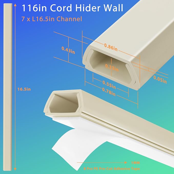 Wall Cable Hider Kit, 116in TV Wire Hider for Wall, Paintable Cord Hider Wall, Cord Organizer Hide 1-2 Cords Wall Mounted TV, Wire Cover for Wall, Cord Concealer 7XL16.5 W0.86 H0.43in, Beige