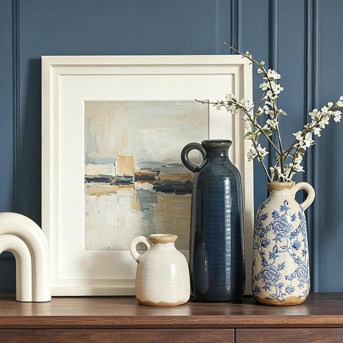 Ceramic Vase Set of 3 with Handle, Vintage Rustic Vases Home Decor Farmhouse Decorative Vase Pottery Decor Modern for Table Mantel Entryway Bookshelf Living Room Kitchen Bedroom - Blue