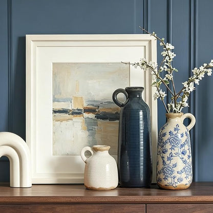 Ceramic Vase Set of 3 with Handle, Vintage Rustic Vases Home Decor Farmhouse Decorative Vase Pottery Decor Modern for Table Mantel Entryway Bookshelf Living Room Kitchen Bedroom - Blue