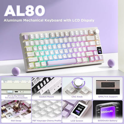 YUNZII AL80 75% Wireless Aluminum Mechanical Keyboard(Beige, Gateron Zero) | QMK/VIA, Smart LCD Display and Knob, Hot Swap, Gasket Structure, BT/2.4G/USB-C, RGB Keyboard for Gaming/Win/Mac
