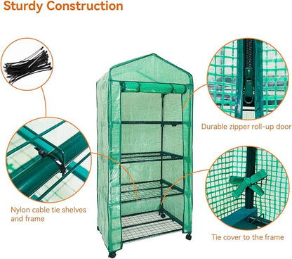 Mini Greenhouse,4 Tier Small Portable Greenhouses Kit with Caster Wheels and Roll-up Zipper PE Cover,Green House for Indoor Outdoor Seedling and Plant Growing 27.6" L x 19.7" W x 65" H,Green
