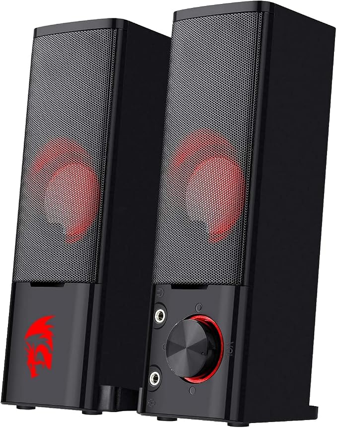 Redragon GS550 PC Gaming Speakers 2.0 Channel Stereo Enhanced Sound, Black | Compact Maneuverable Size, Headphone Jack, Decent Red Backlight, Plug & Play USB Powered Desktop Computer Speaker