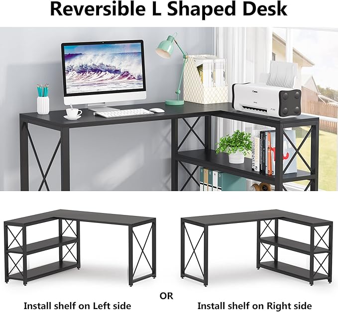 Tribesigns Reversible Industrial L-Shaped Desk with Storage Shelves, Corner Computer Desk PC Laptop Study Table Workstation for Home Office Small Space (Black, 53")