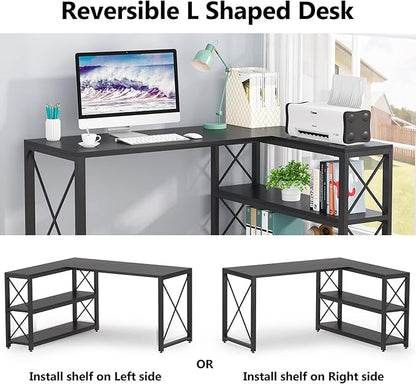 Tribesigns Reversible Industrial L-Shaped Desk with Storage Shelves, Corner Computer Desk PC Laptop Study Table Workstation for Home Office Small Space (Black, 53")