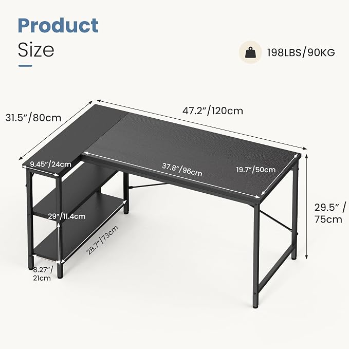 DUMOS 55 Inch L Shaped Desk, Computer Gaming Corner Desks with Shelves | Home Office PC Table, Writing Working Study Desk for Bedroom Dorm, Reversible Design, Black