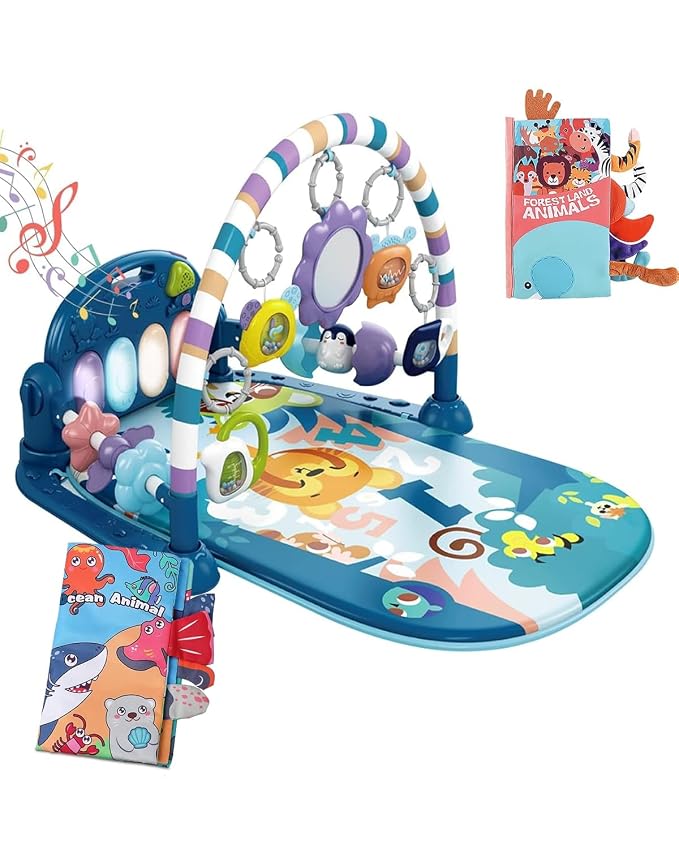 dearlomum Baby Play Mat Gym,Funny Play Piano Tummy Time Activity Mat with 5 Infant Sensory Toys & 2 Baby Book Toys, Boy & Girl Gifts for Newborn 0 to 3 6 9 12 Months(Blue)