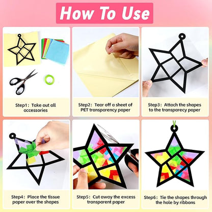 Qyeahkj 36 Set Geometric Shapes Suncatcher Crafts for DIY Star Window Tissue Paper Craft Kit Triangle Heart Hanging Decor for Summer Home Activity Art Project Birthday Party Favor Gift