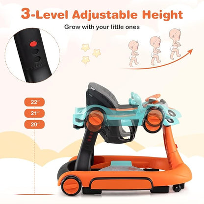 BABY JOY 7-in-1 Baby Walker, Foldable Baby Walker and Bouncer Combo with Handle, Adjustable Height & Speed, Music, Lights, Rocker/Push Mode, Baby Walker with Wheels for Boys Girls 7-18 Months (Orange)