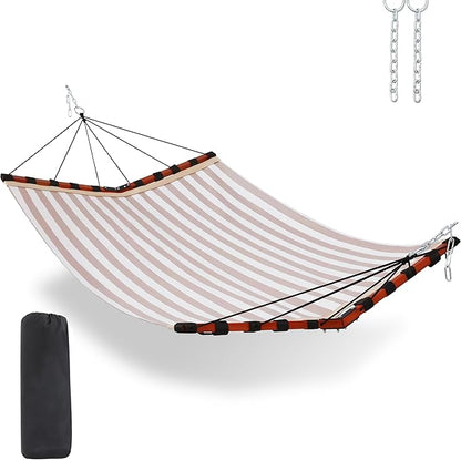 TegerDeger 12FT 2 Person Hammock Large Hammock Quick Dry 450LB Capacity with V Shaped Hardwood Spreader Bar & Nylon Rope for Outside, Patio, Garden, Backyard, Beach, Poolside - Beige Stripes