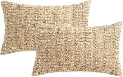 MIULEE Pack of 2 Corduroy Decorative Lumbar Throw Pillow Covers 20x12 Inch Soft Boho Striped Pillow Covers Modern Farmhouse Home Decor for Sofa Living Room Couch Bed Tan