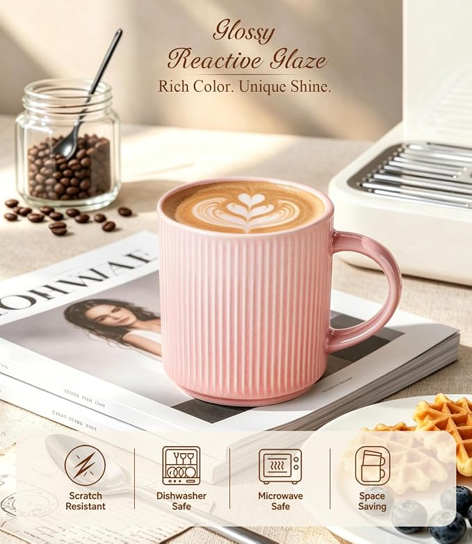 GBhome Coffee Mugs Set of 6，16 oz Coffee Cups with Handle | Cups for Latte, Tea, Cocoa & Milk, Ideal for Daily Use & Gifts, Microwave & Dishwasher Safe, Blush Pink