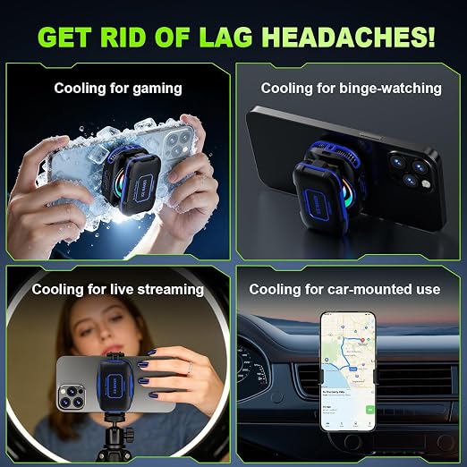 Cell Phone Cooler for Gaming, Magnetic Portable Radiator with RGB Lights, 3000mAh Rechargeable Battery, Compatible with iPhone, iPad, Android