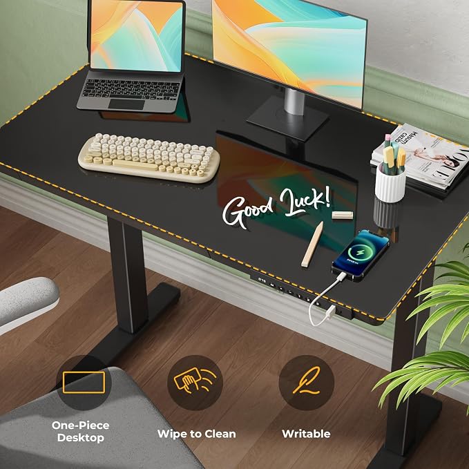 35" Electric Standing Desk with Drawer, One-Piece Glass Top | Quick Install One-Piece Tabletop with USB Charging Ports, Sit Stand Computer Desk with Wheels for Small Space, Black