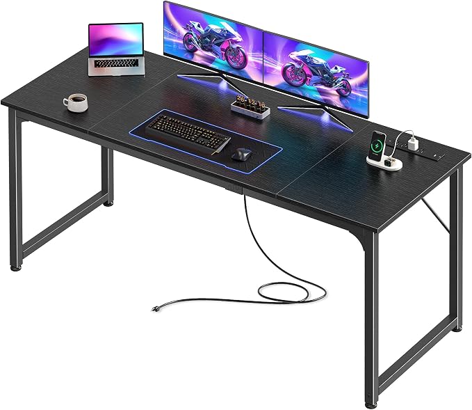 PRAISUN 63 X 24 Inch Computer Desk, Power Outlets, USB-C, Black | Office Desk with 4 AC Outlets, USB & USB-C, Sturdy Metal Frame, Spacious Desktop for Work, Writing, Study & Gaming