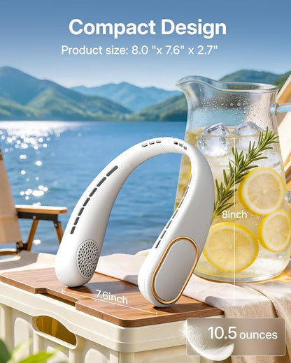 SHEWIND Portable Neck Fan - 5000mAh Rechargeable Hands-Free Wearable Fan | 4 Speeds, Bladeless & LED Display | Personal Cooling Fan for Travel, Outdoors, Camping - White