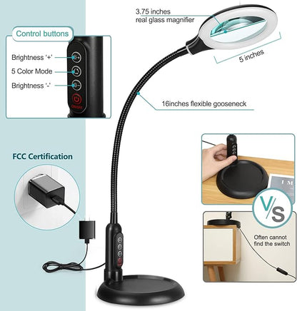 5X Magnifying Glass with Light and Clamp, 5 Color Modes Stepless Dimmable Lighted Magnifier with Stand, Flexible Gooseneck LED Desk Lamp hands Free for Craft Reading Painting Hobby Close Work