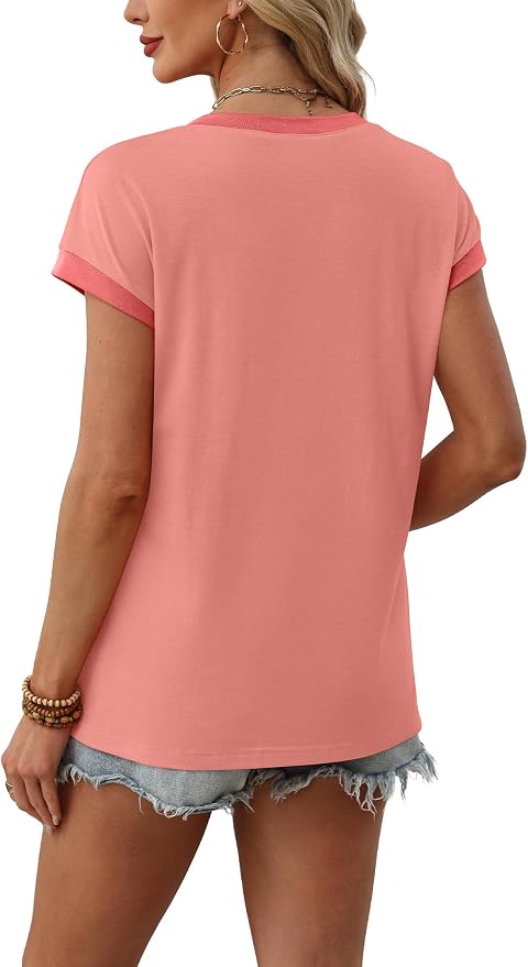 WIHOLL Womens Summer Tops 2026 Cap Short Sleeve Shirs V Neck T Shirts Fashion Beach Vacation Clothes Color Block