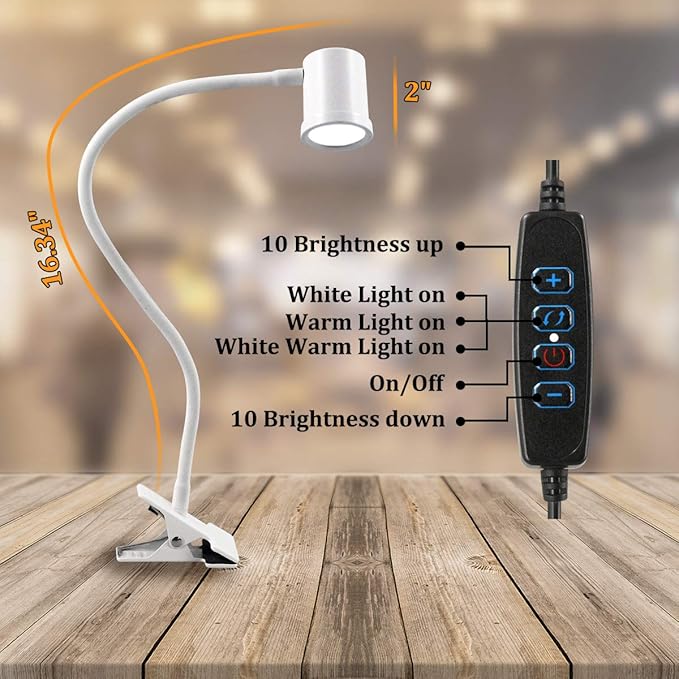 Clip on Reading Light, 3000K - 6500K Clamp Desk Lamp, 10-Levels Brightness Clamp Light, High ≥ 90+ CRI Eye Protect Clip on Lamp, 360° Flexible Gooseneck Book Light for Desk Bedside Headboard, White