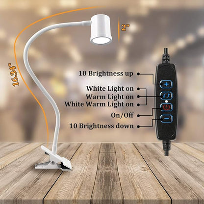 Clip on Reading Light, 3000K - 6500K Clamp Desk Lamp, 10-Levels Brightness Clamp Light, High ≥ 90+ CRI Eye Protect Clip on Lamp, 360° Flexible Gooseneck Book Light for Desk Bedside Headboard, White