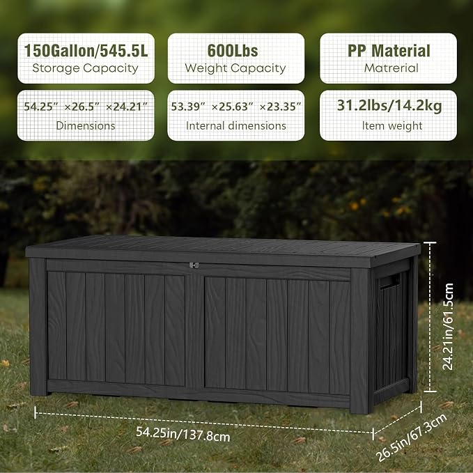 150 Gallon Resin Large Deck Box Organization and Storage Box for Patio, Outdoor Cushions, Garden Tools, Black | Hydraulic Pistons, Resin, Weatherproof