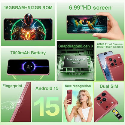 17 PMAX Unlocked Cell Phone,16GB+512GB Smartphone,6.99" HD Screen Android 15 5G Phones,Battery 7000mAh Android The Phone,Fingerprint Button Unlock/GPS/Face ID/Dual SIM/5G (Wine Red)