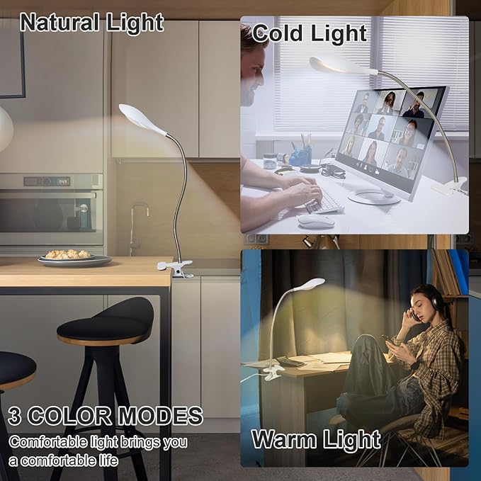 Desk lamp Eye-Caring Table Lamps, 360°Rotation Gooseneck Clip on Lamp Reading Light, Portable Reading Book Light, Clamp Light, Study Desk Lamps for Bedroom and Office Home Lighting (White-C02)