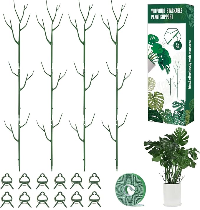 12 Pack Plant Support Stakes, Plant Stakes for Indoor and Outdoor Plants. 39.37inch Plant Sticks with Extension Poles, Plant Clips, Plant Ties for Potted Monstera Plants, Climbing Plants