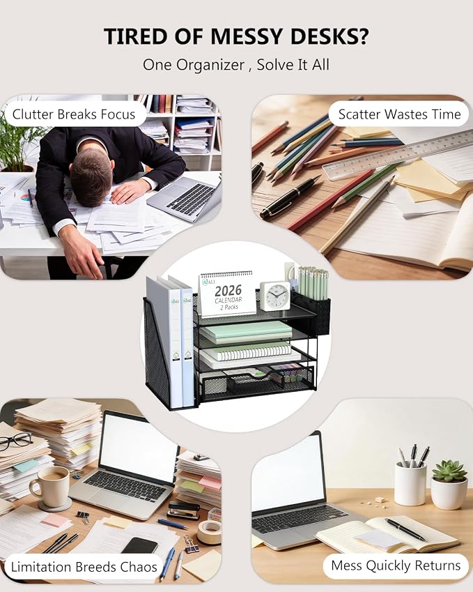 WALI Desk File Organizer, 4 Tier Desktop Paper Letter Tray Organizer with Drawer and 2 Pen Holders, Office Desk Accessories & Workspace Organizers for Office, Home Supplies(DO005DH-2B), 2 Packs, Black