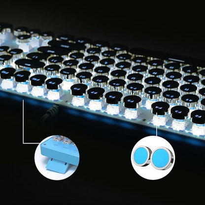 YSCP Typewriter Style Mechanical Gaming Keyboard White Backlit Wired with Blue Switch Retro Round Keycap 104 Keys Keyboard (Blue)
