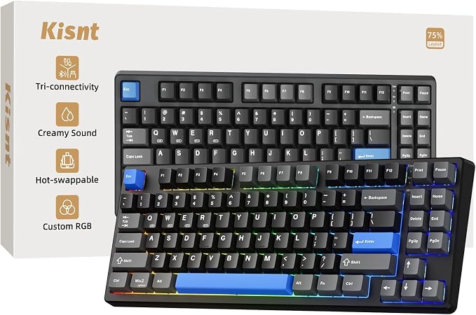 Kisnt KN85 Wireless Mechanical Keyboard, 75% Layout, Bluetooth/2.4GHz/USB-C, Custom RGB Backlit, Hot-Swappable Linear Switch, Creamy Sound for Gaming/Typing (Textured Black)