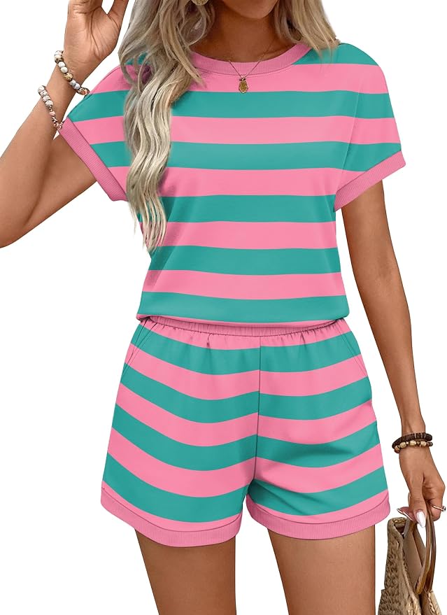 WIHOLL Two Piece Sets for Women Summer Lounge Short Sets Cap Sleeve Crew Neck Sweatsuit with Pocket XS-2XL