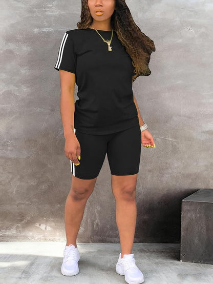 STOLKISS Women 2 piece Short Sets Classic Striped Outfits Summer Casual Short Sleeve T-Shirt and Short Jogger Tracksuits Sets