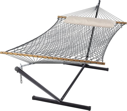 SUNCREAT Rope Hammock with Stand Included, Portable Double Hammock with Soft Pillow, Gray