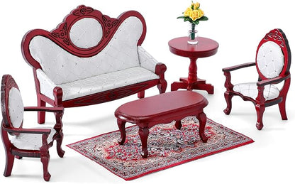 Skylety 7 Pcs Victorian Dollhouse Furniture Set 1: 12 Scale Wooden Mini House Living Room Furniture and Accessories, Sofa Table Chairs Vase for Adults Toys Gift Retro Miniature Doll House Accessories