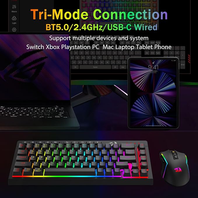 Redragon Wireless Gaming Keyboard, RGB Backlit, Portable 60% Design, Black | Bluetooth/2.4GHz/USB-C Wired, Mini Quiet Macro Membrane Keyboard, Rechargeable 4000mAh Battery, Anti-Ghosting for Win/MAC
