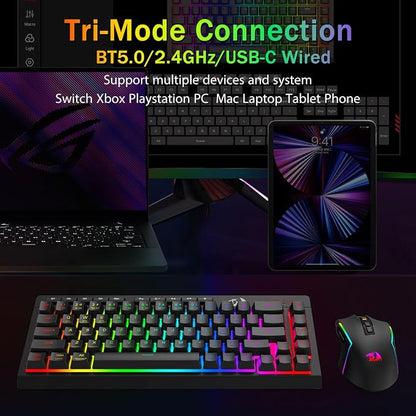 Redragon Wireless Gaming Keyboard, RGB Backlit, Portable 60% Design, Black | Bluetooth/2.4GHz/USB-C Wired, Mini Quiet Macro Membrane Keyboard, Rechargeable 4000mAh Battery, Anti-Ghosting for Win/MAC