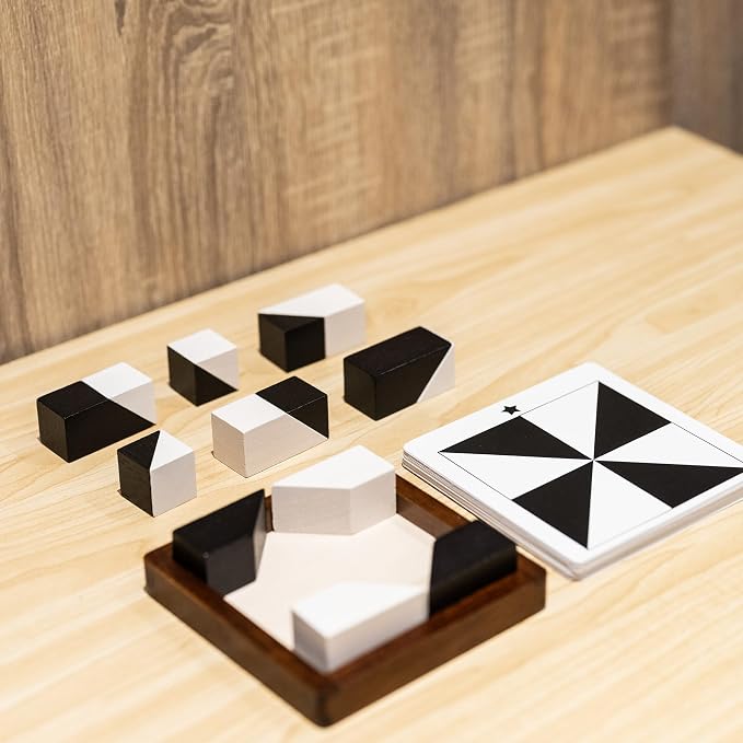 Wooden Hidden Blocks Puzzle Game - 80 Brain Challenges with Solid Wood Box & Deluxe Black and White Pieces, 3D Logic & Spatial Thinking Tabletop Toy, Perfect for Family Fun & Creative Gifts