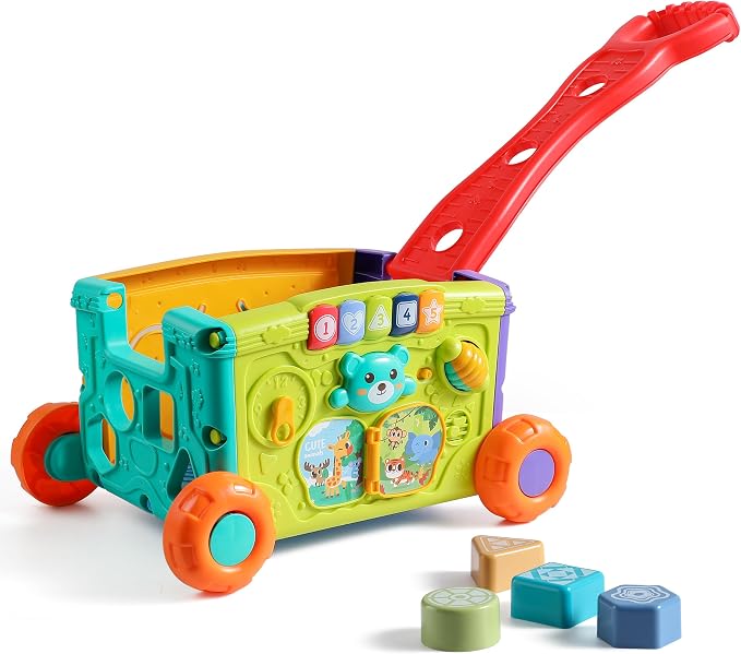 Baby Walker Musical Push Toy for Toddlers 18+ Months - Educational Activity Wagon with Building Blocks, Learning Walking Assistant with Adjustable Handle for Baby Boys & Girls